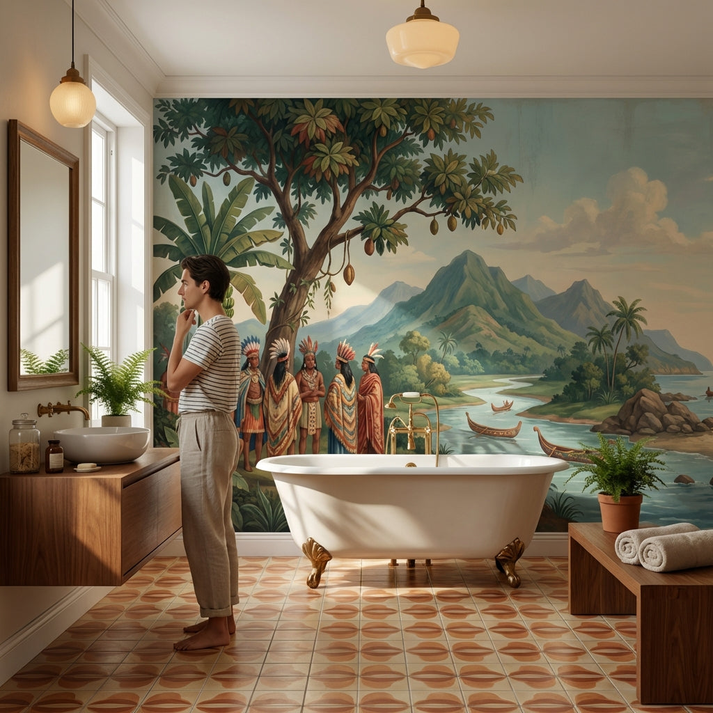 Indigenous Landscape Wallpaper Mountain Ship Wall Mural