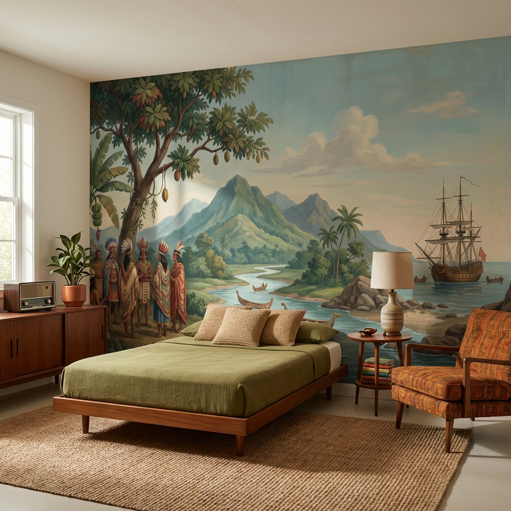 Indigenous Landscape Wallpaper Mountain Ship Wall Mural