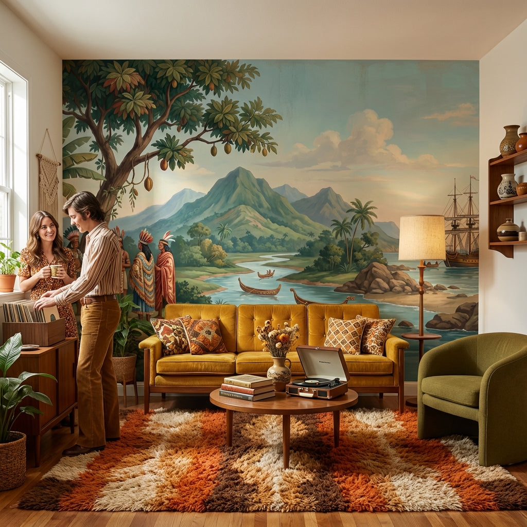 Indigenous Landscape Wallpaper Mountain Ship Wall Mural