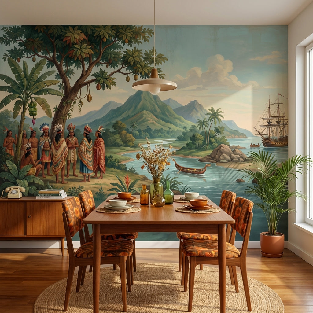 Indigenous Landscape Wallpaper Mountain Ship Wall Mural