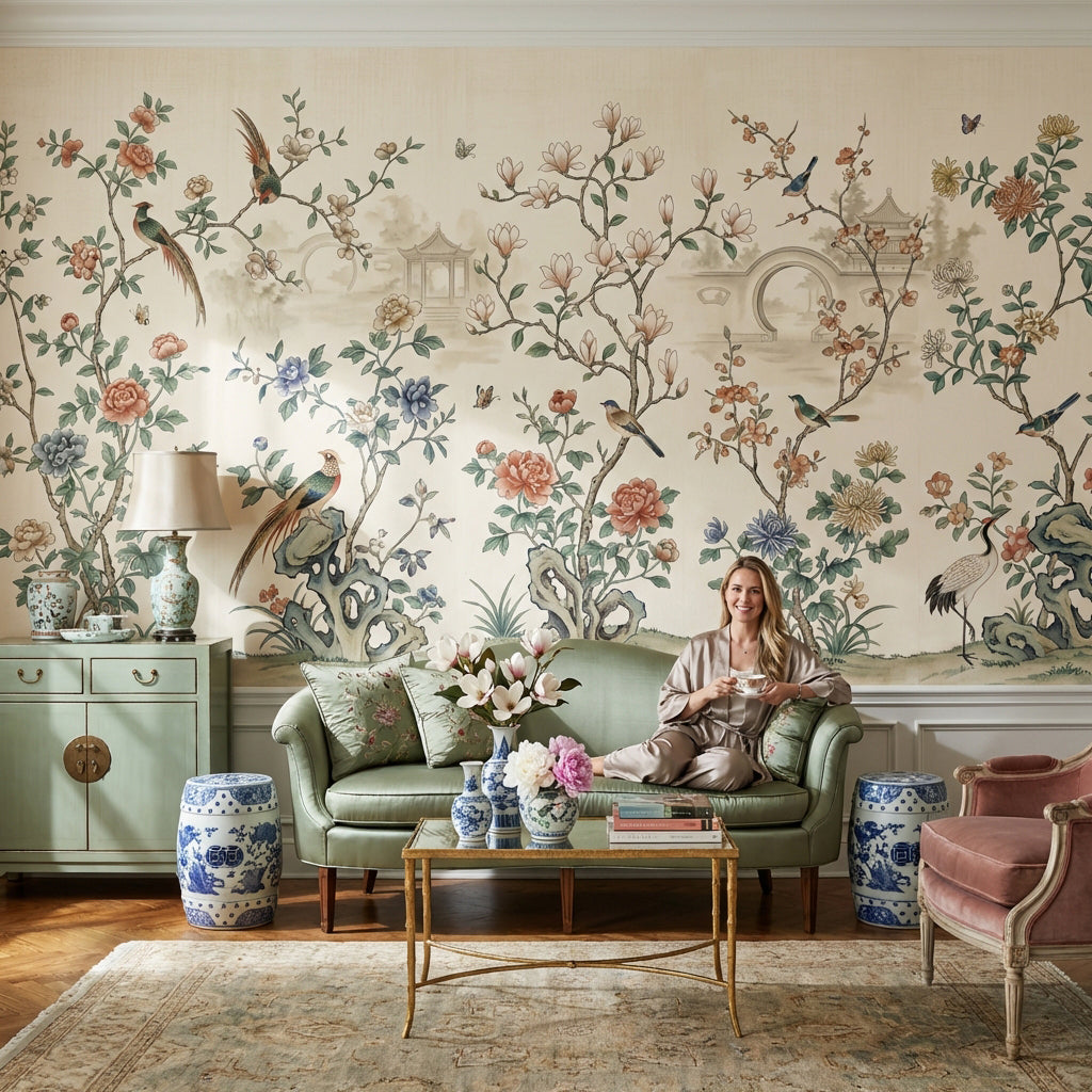 Oriental Birds Wallpaper Vintage Pastel Wall Mural