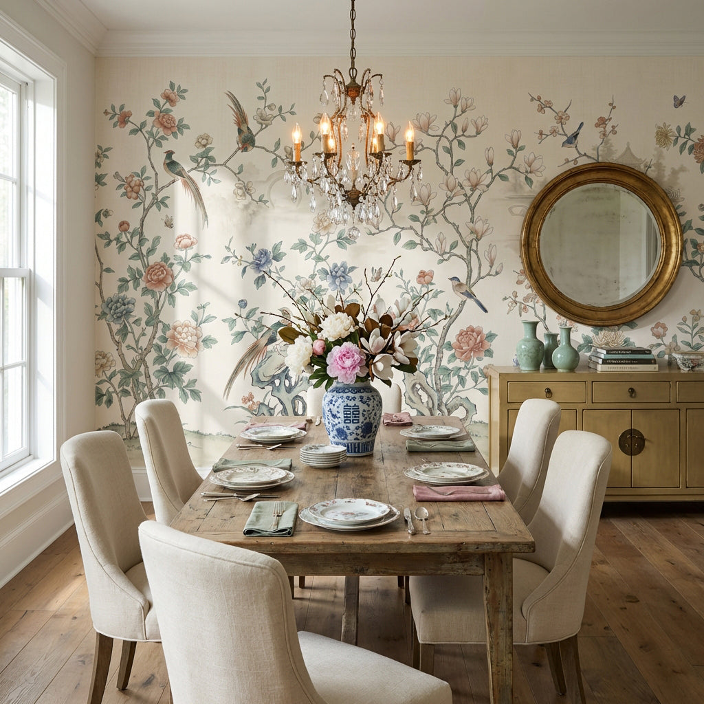 Oriental Birds Wallpaper Vintage Pastel Wall Mural