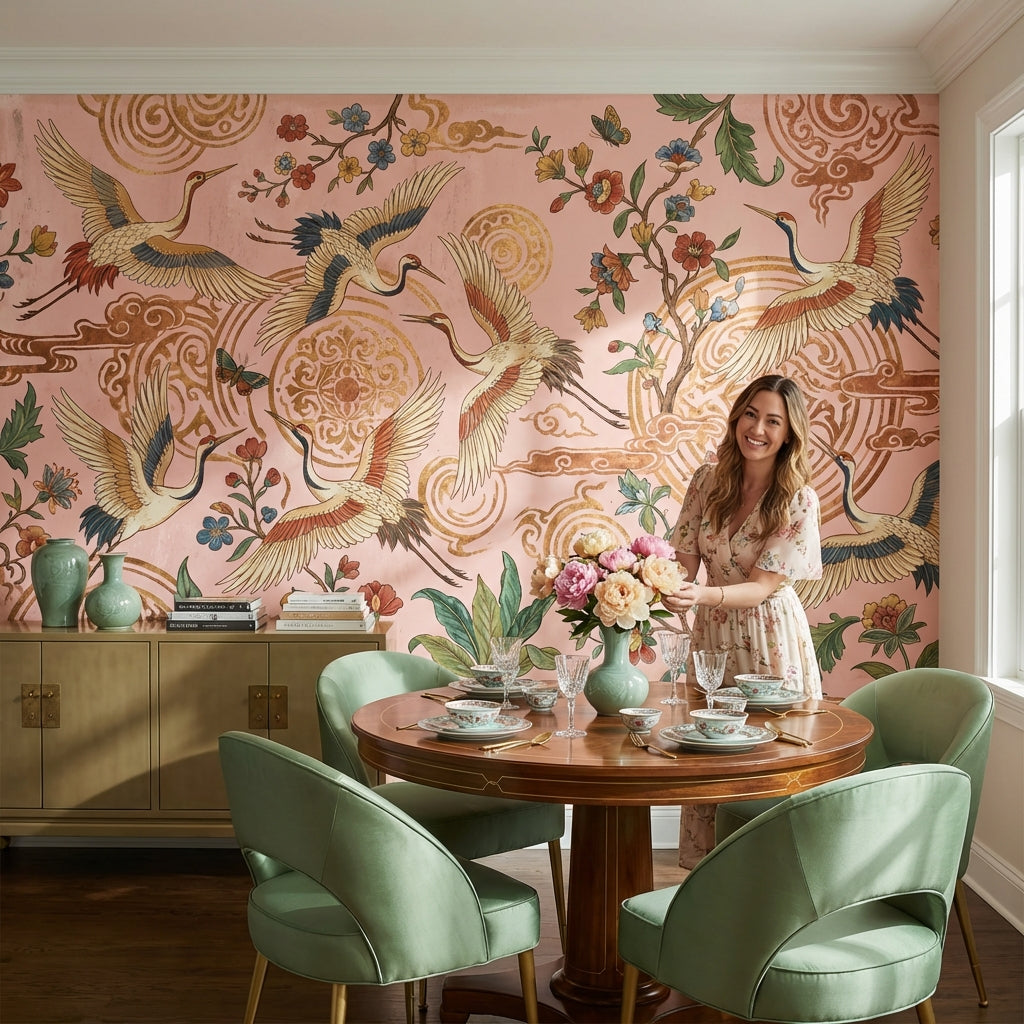 Chinoiserie Wallpaper Pink Nature Removable Wall Decor