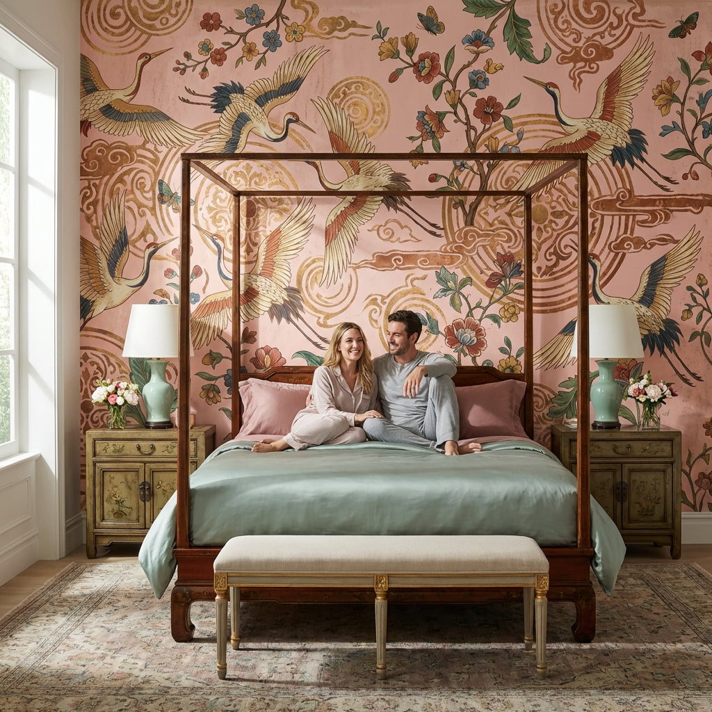 Chinoiserie Wallpaper Pink Nature Removable Wall Decor