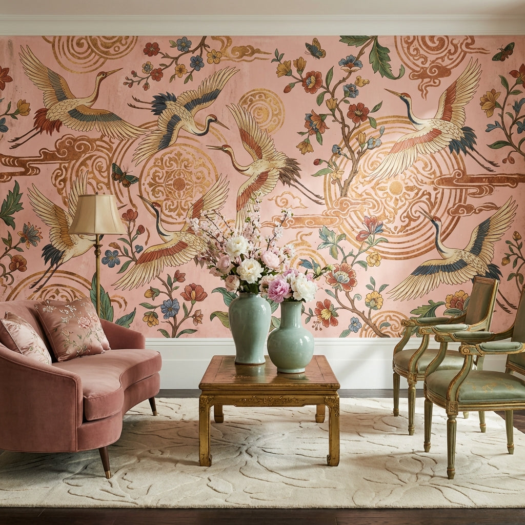 Chinoiserie Wallpaper Pink Nature Removable Wall Decor