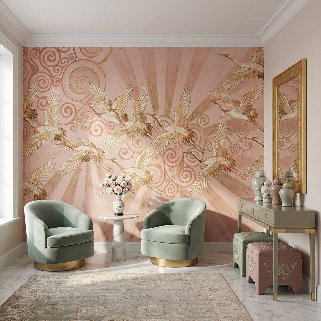 Cranes Wallpaper Vintage Abstract Wall Mural