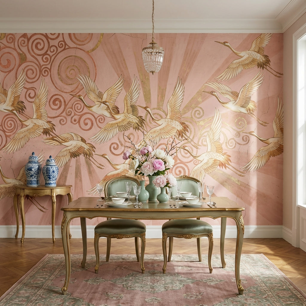 Cranes Wallpaper Vintage Abstract Wall Mural