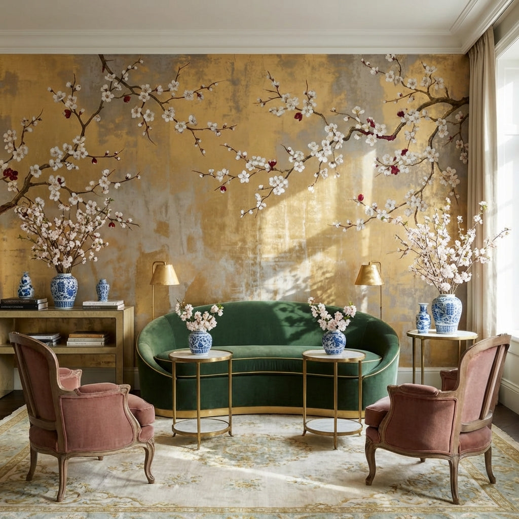 Chinoiserie Wallpaper Floral Golden Look Removable Wall Decor
