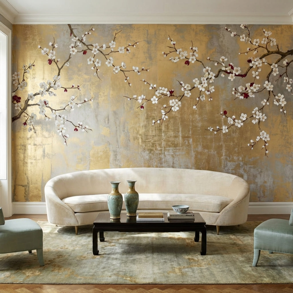 Chinoiserie Wallpaper Floral Golden Look Removable Wall Decor