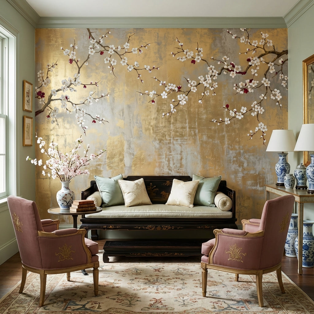 Chinoiserie Wallpaper Floral Golden Look Removable Wall Decor