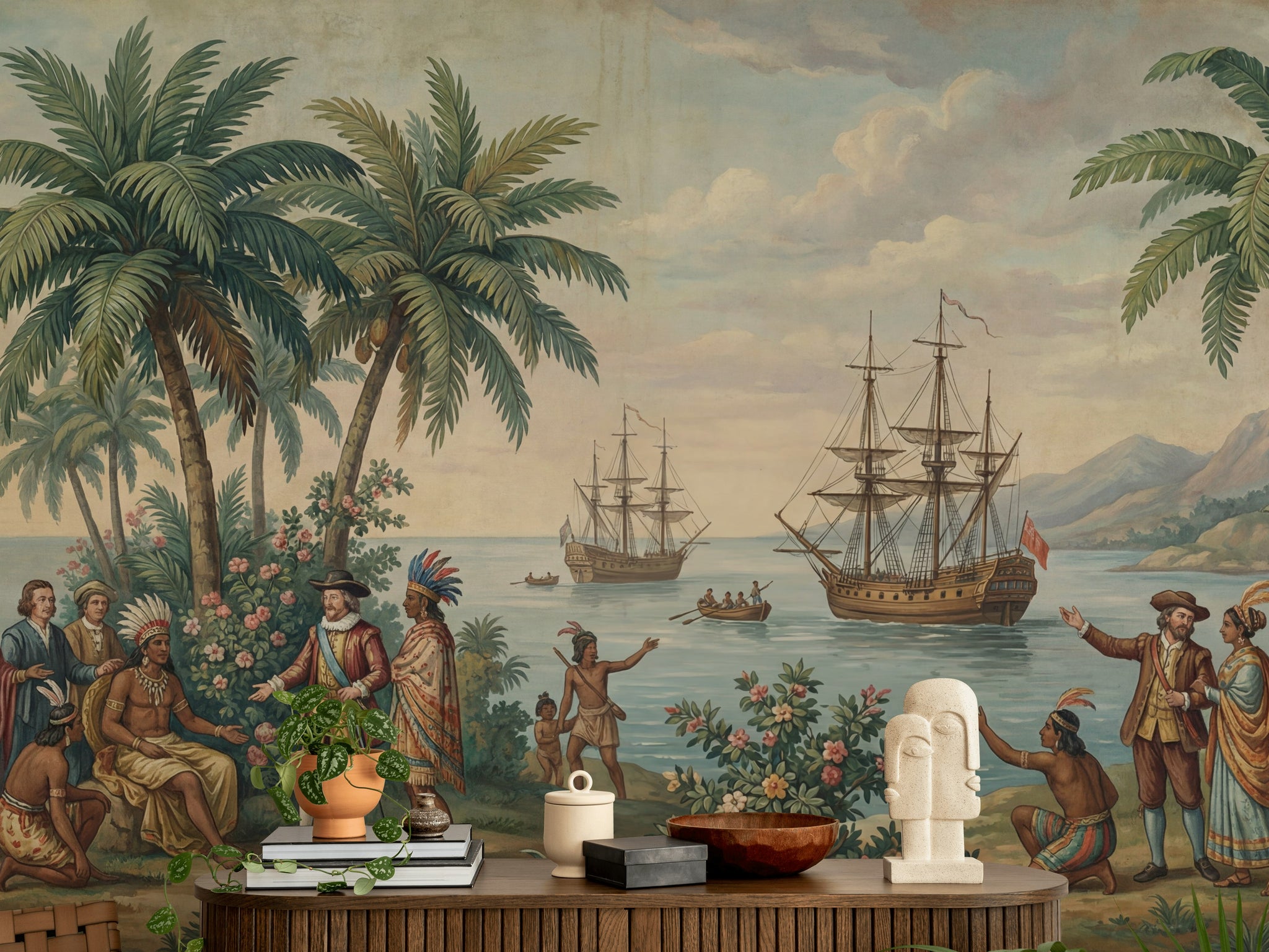 Historical Exploration Wallpaper Tropical Ships Wall Mural