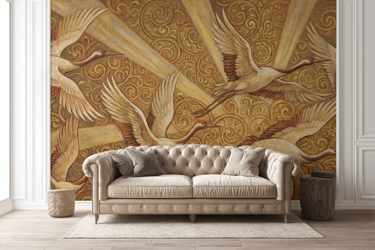 Cranes Wallpaper Golden Look Vintage Wall Mural