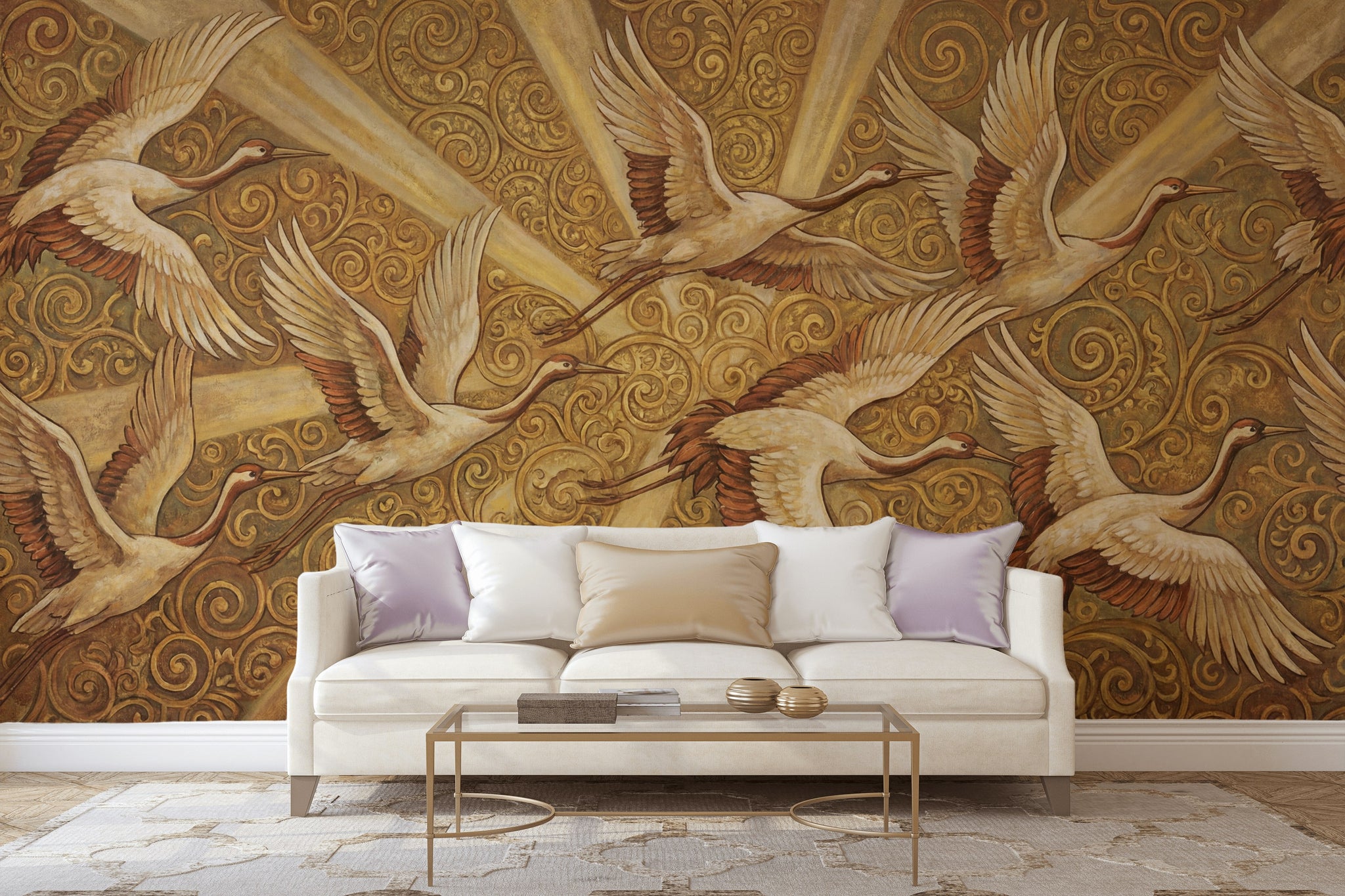 Cranes Wallpaper Golden Look Vintage Wall Mural