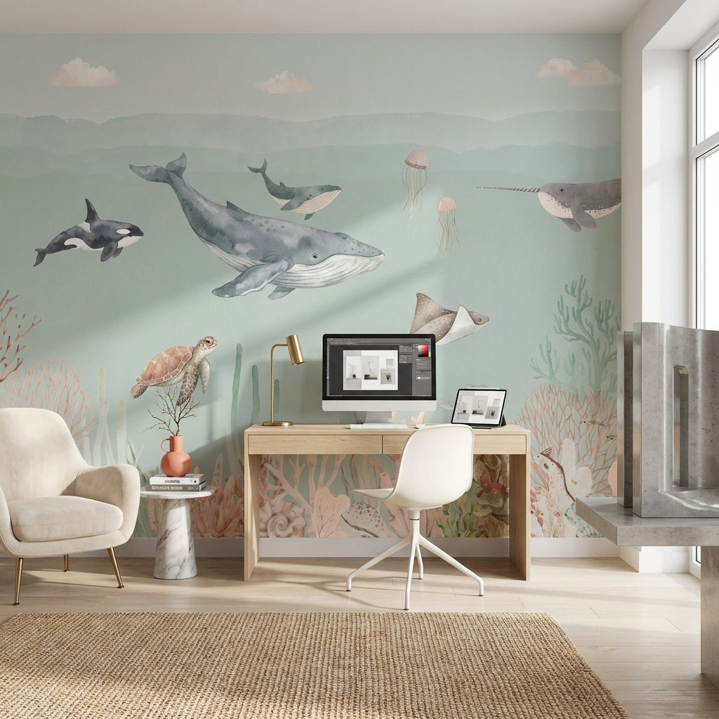 Marine Life Wallpaper Underwater Teal Wall Decor