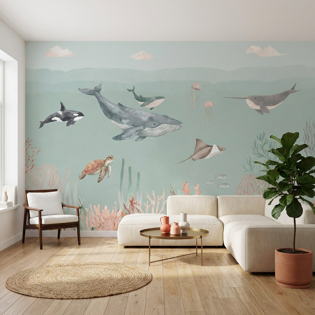 Marine Life Wallpaper Underwater Teal Wall Decor