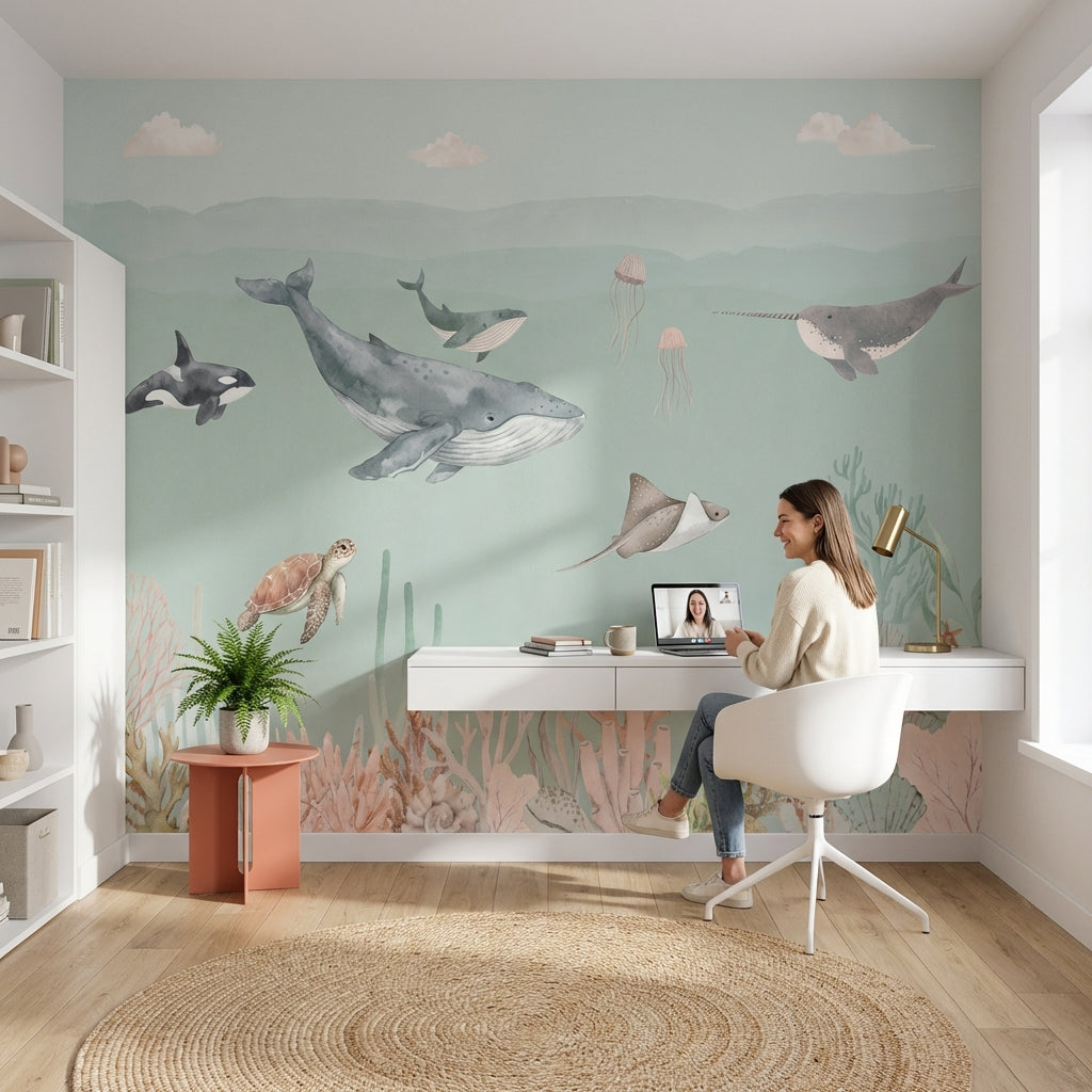 Marine Life Wallpaper Underwater Teal Wall Decor