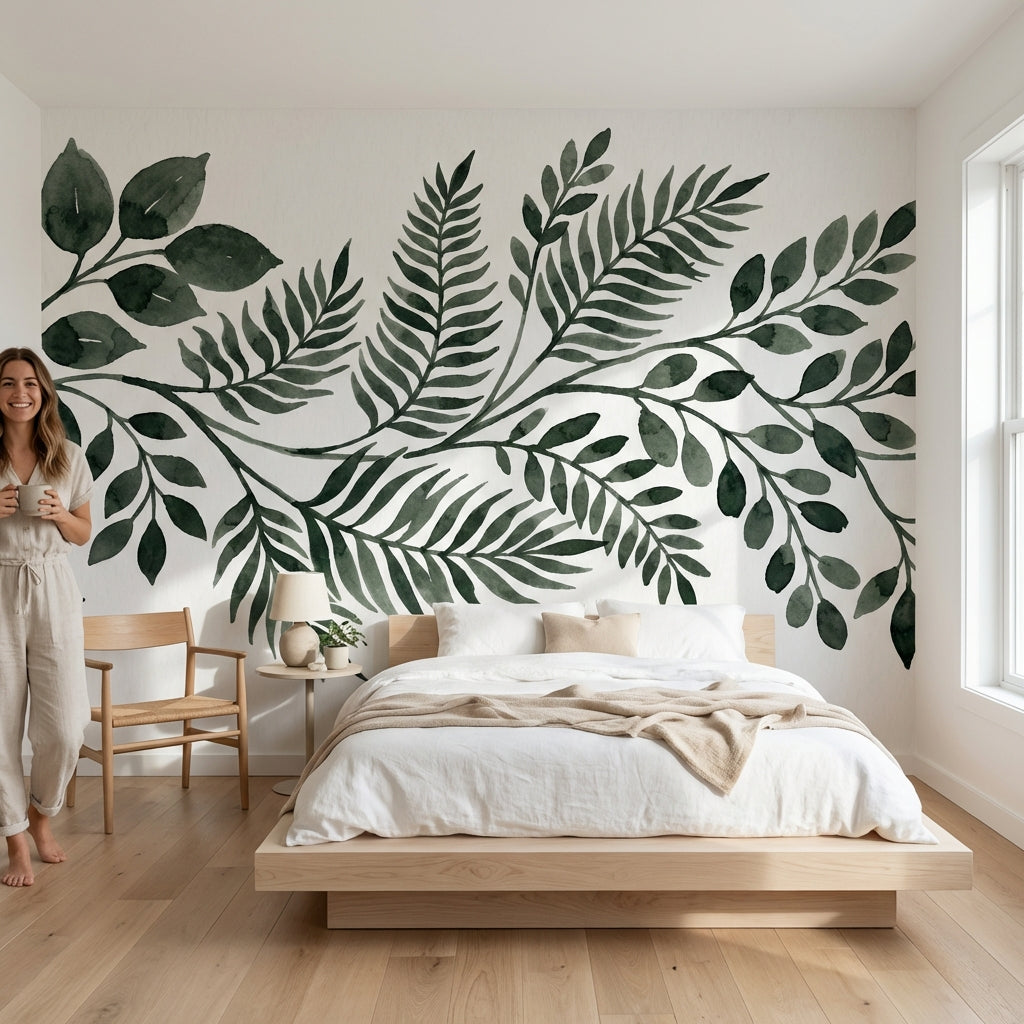 Leaves Wallpaper Green Watercolor Removable Wall Decor