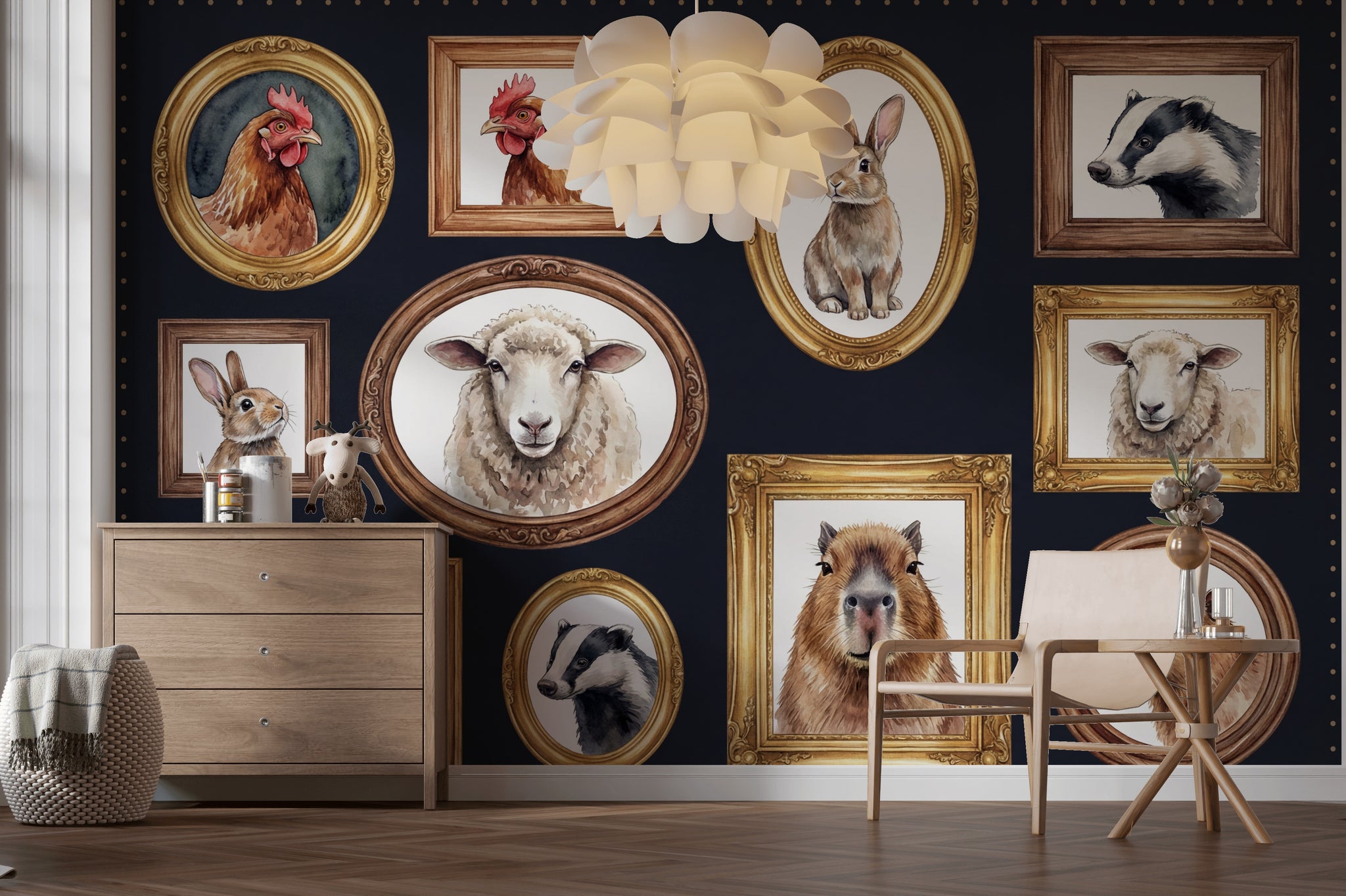 Animal Portraits Wallpaper Framed Art Dark Background Wall Mural
