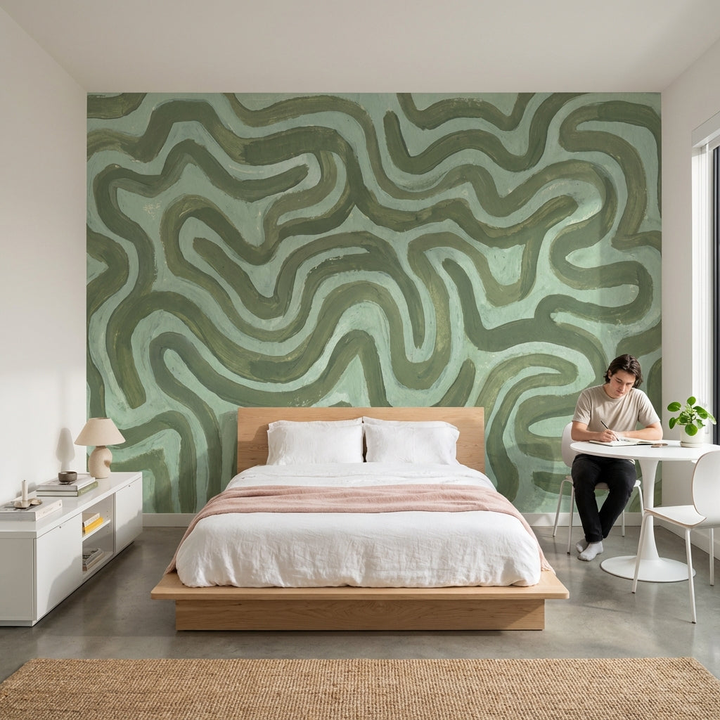 Muted Green Wallpaper Abstract Calming Wall Mural