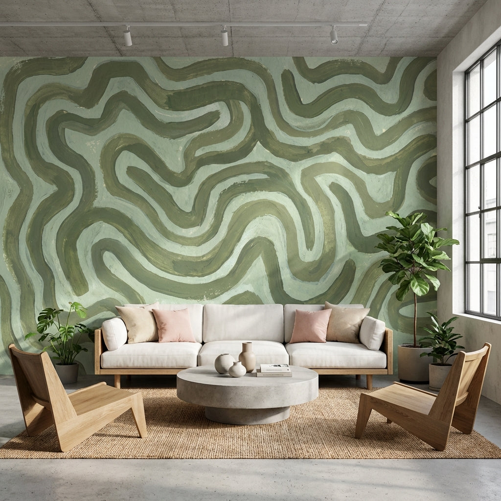 Muted Green Wallpaper Abstract Calming Wall Mural