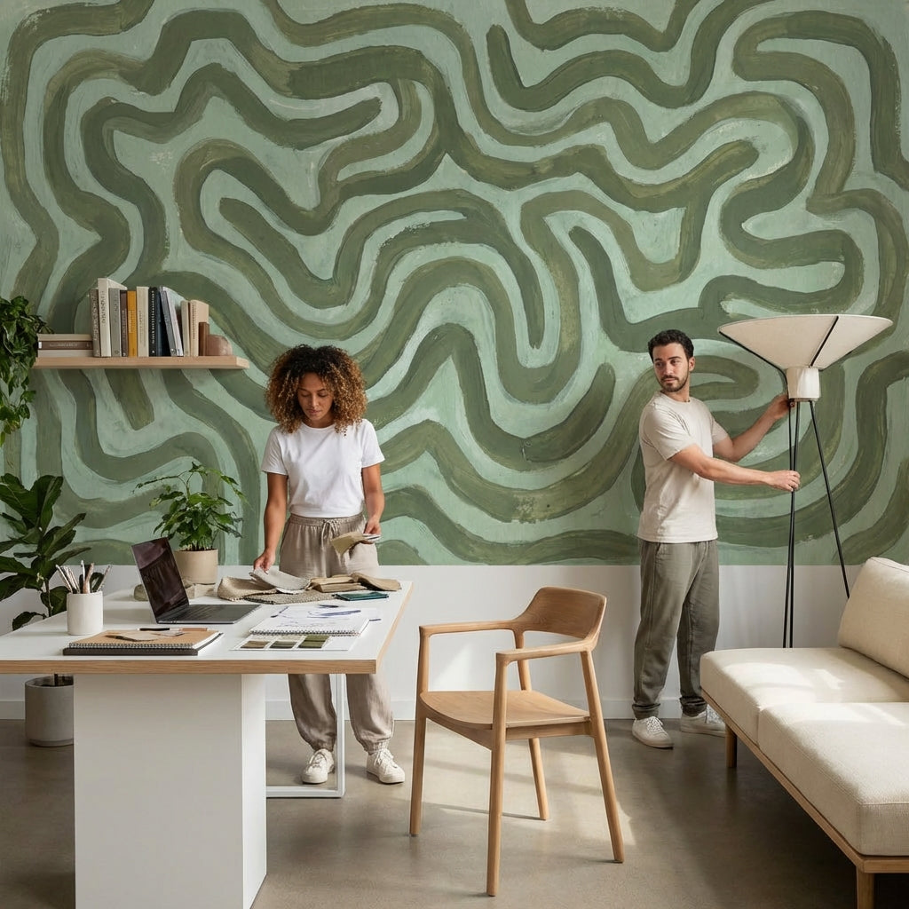 Muted Green Wallpaper Abstract Calming Wall Mural