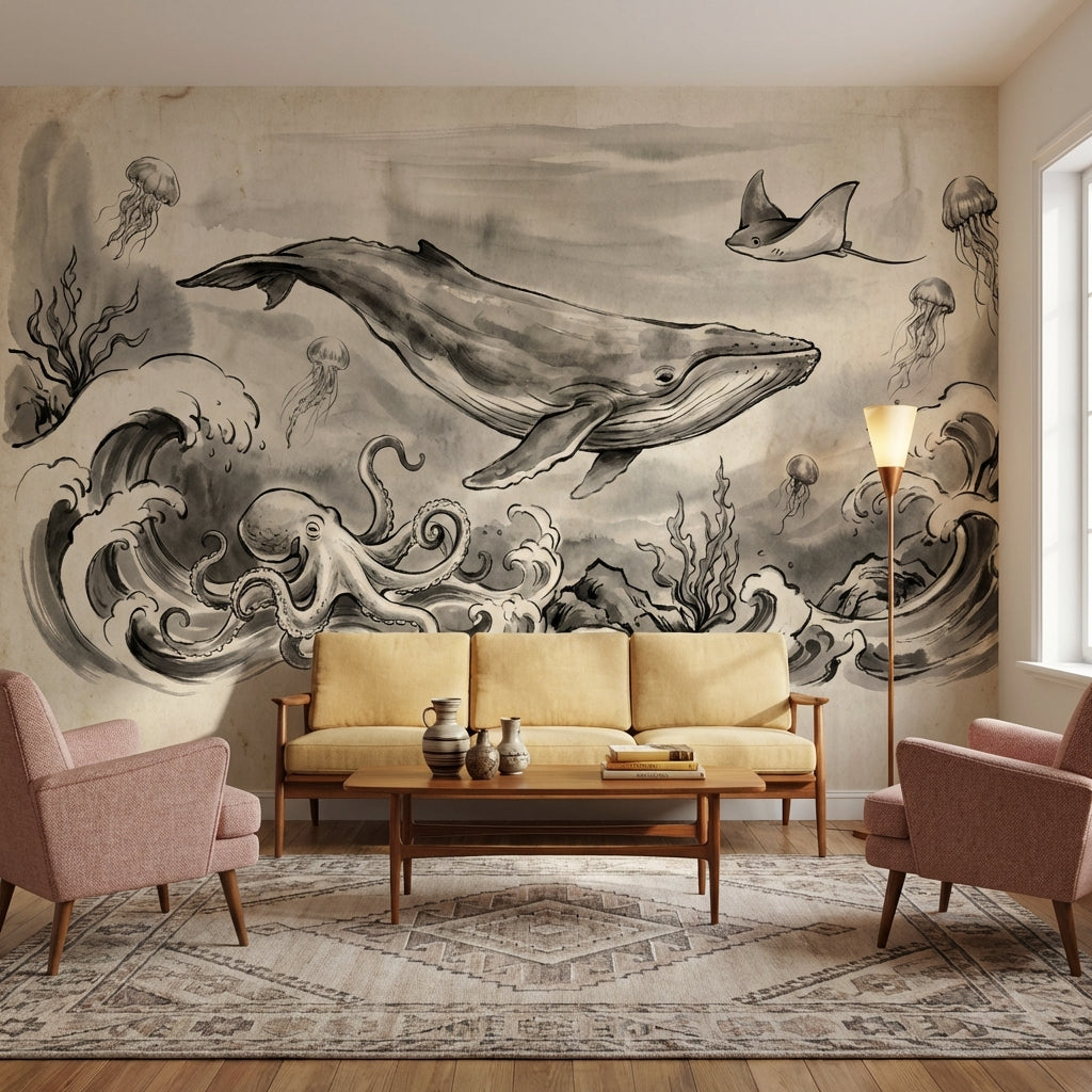Underwater Wallpaper Whale Vintage Wall Mural