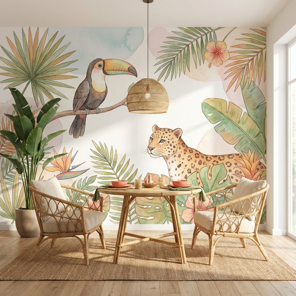 Jungle Toucan Wallpaper Watercolor Leopard Wall Mural