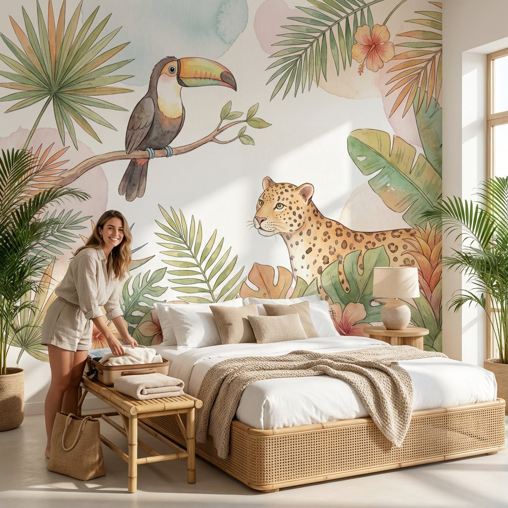 Jungle Toucan Wallpaper Watercolor Leopard Wall Mural