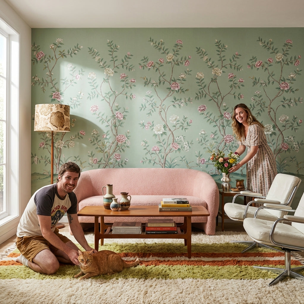 Floral Wallpaper Vintage Green Wall Mural