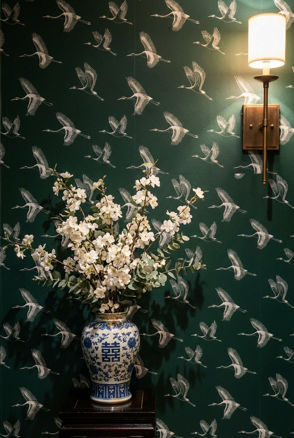 Cranes Wallpaper Dark Green Minimalist Wall Decor