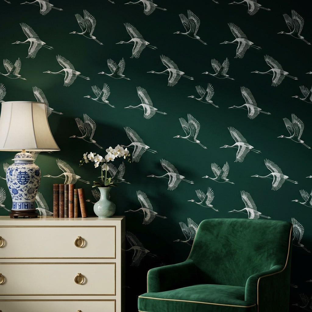 Cranes Wallpaper Dark Green Minimalist Wall Decor