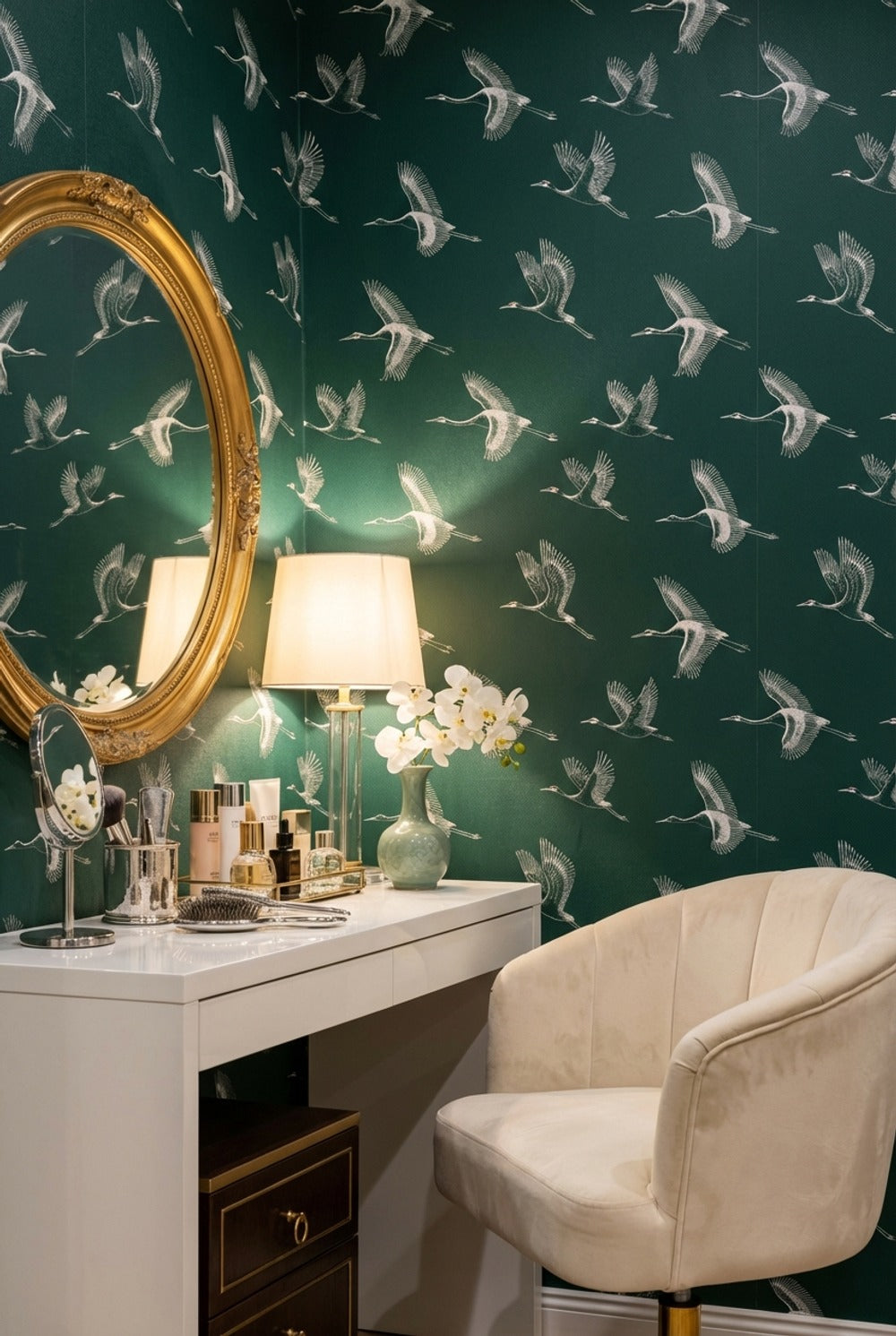 Cranes Wallpaper Dark Green Minimalist Wall Decor