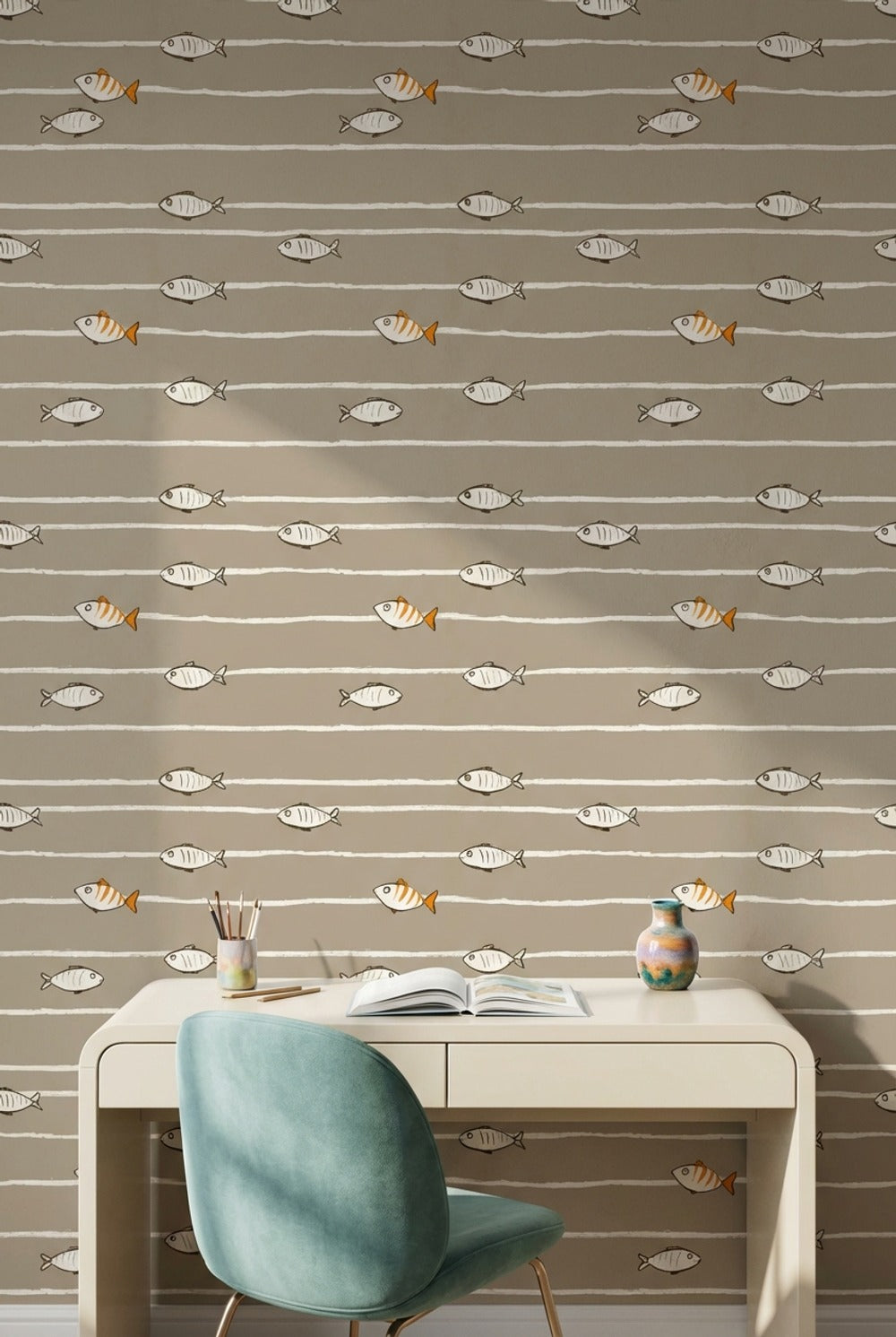 Fish Wallpaper Striped Contemporary Decorative Mural