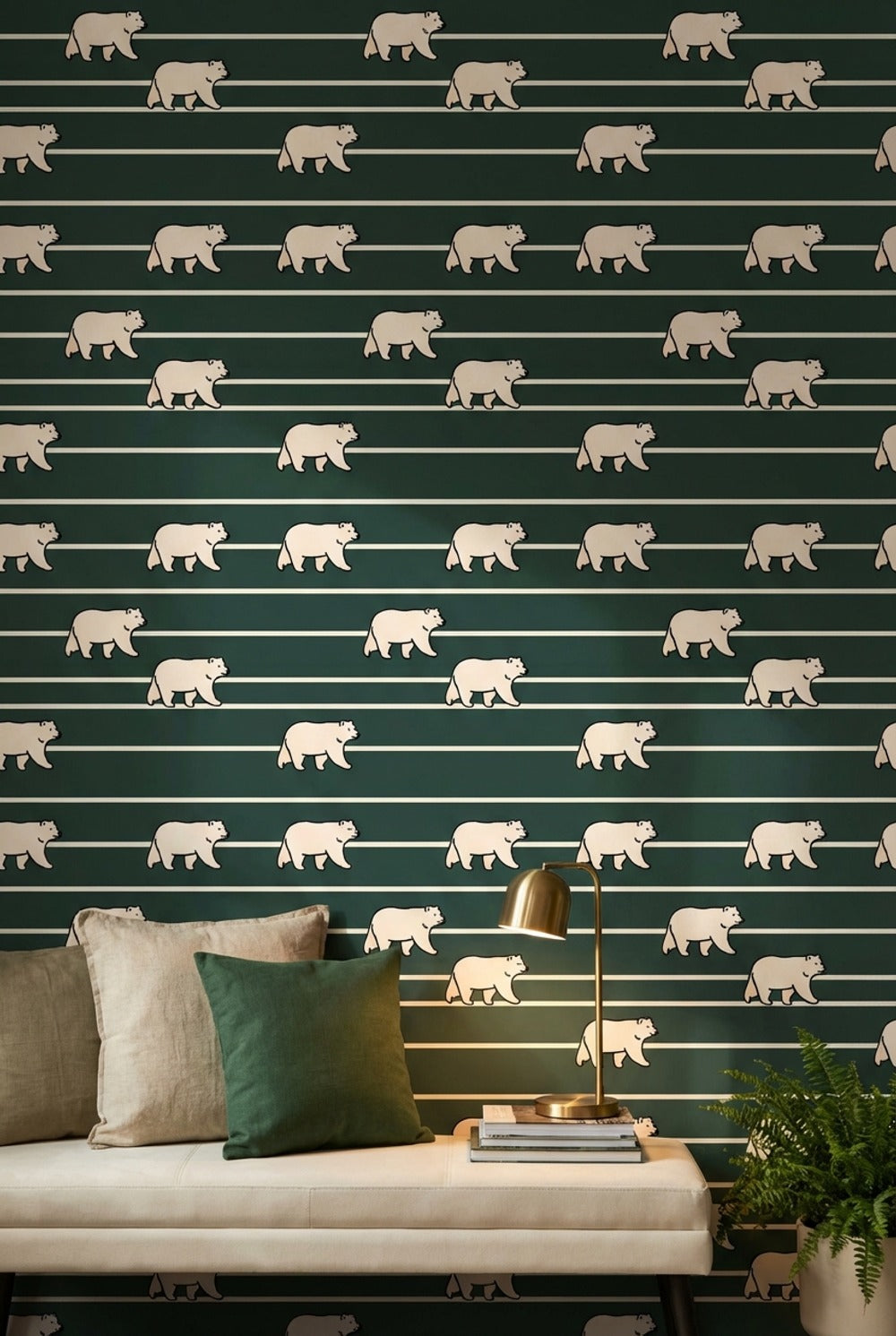 Modern Bears Wallpaper Striped Dark Green Decorative Mural