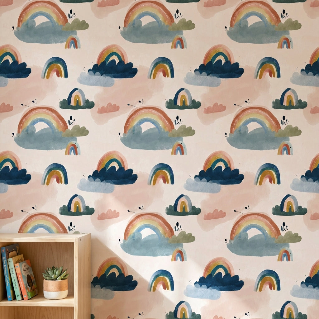 Pastel Rainbow Wallpaper Whimsical Clouds Removable Wall Decor