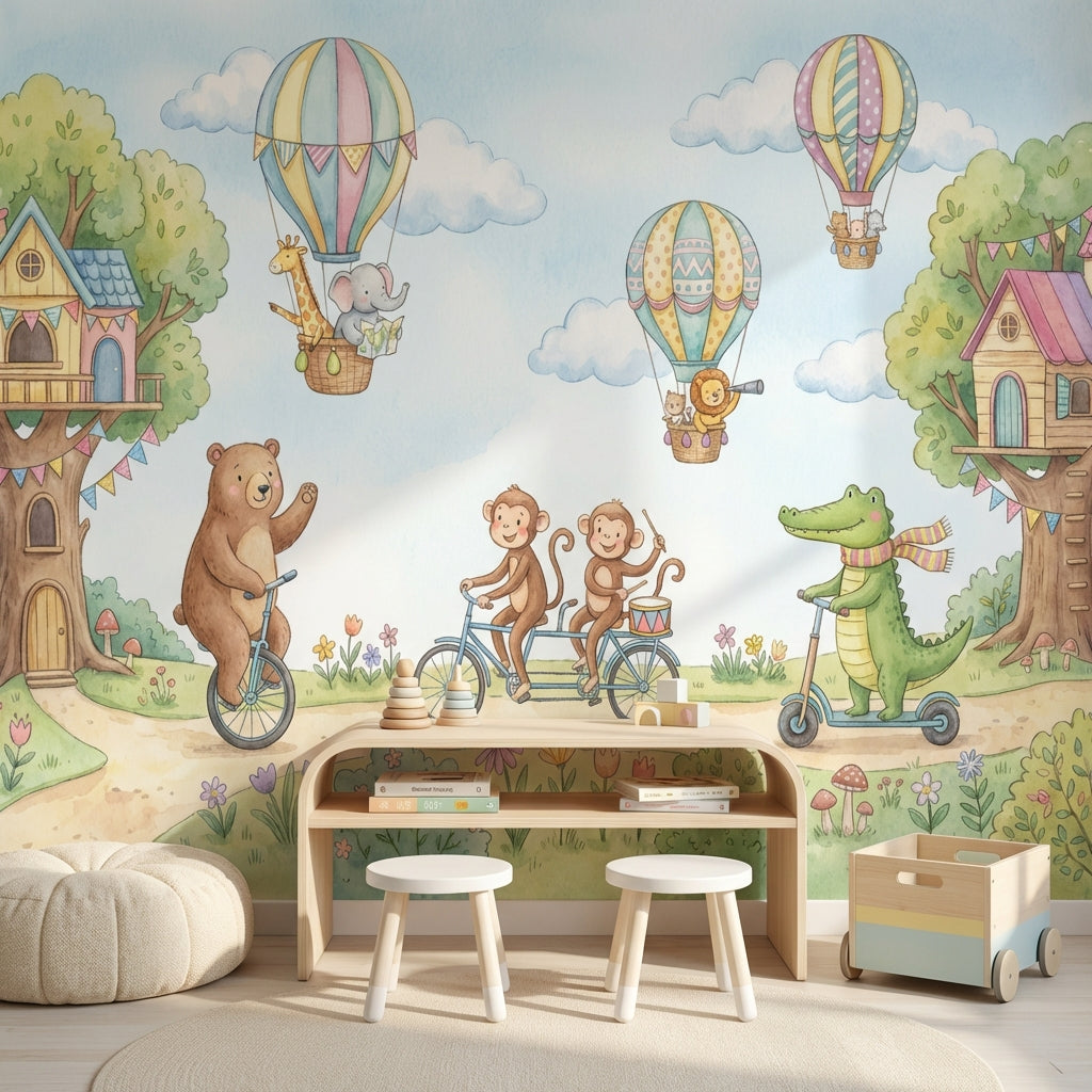 Whimsical Wallpaper Animals Treehouse Wall Mural