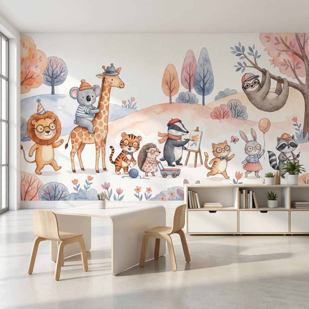 Playful Animals Wallpaper Whimsical Cartoon Wall Mural