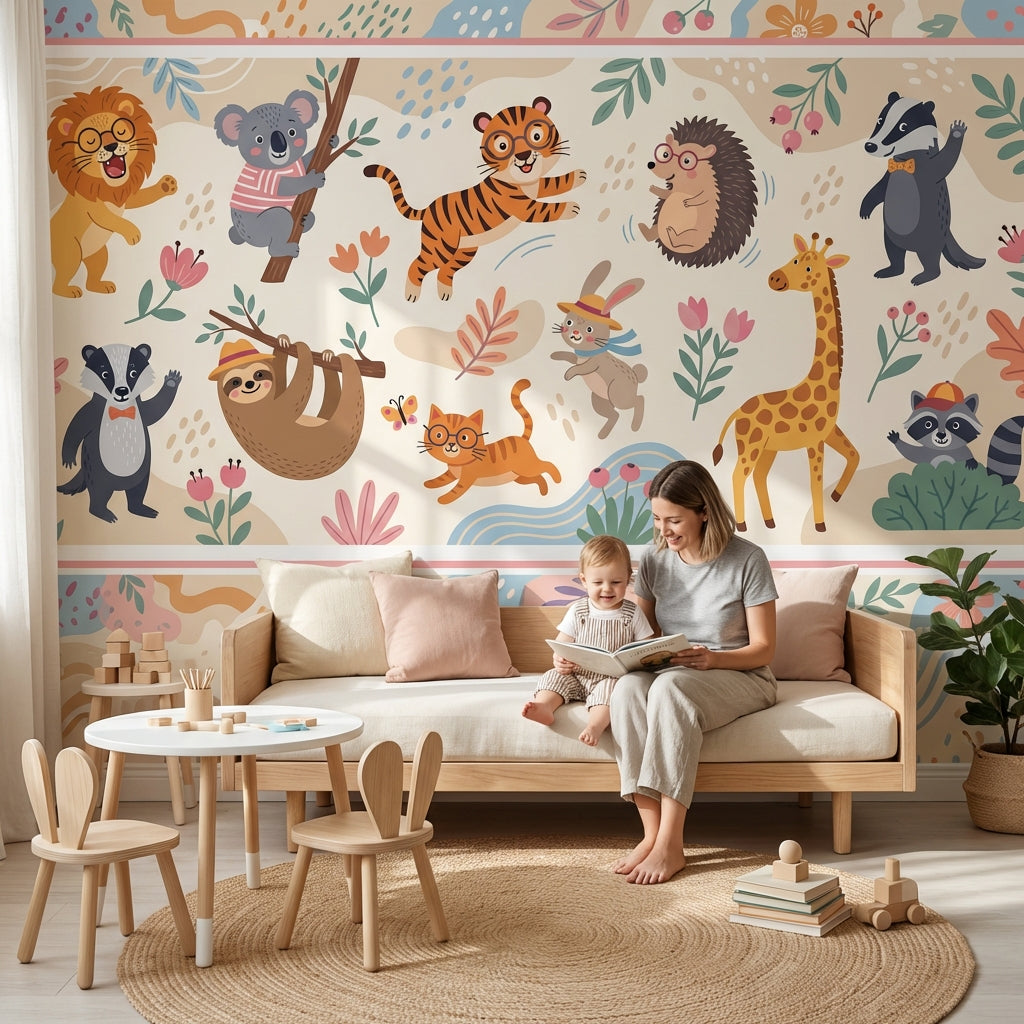 Whimsical Animals Wallpaper Cartoon Floral Wall Mural