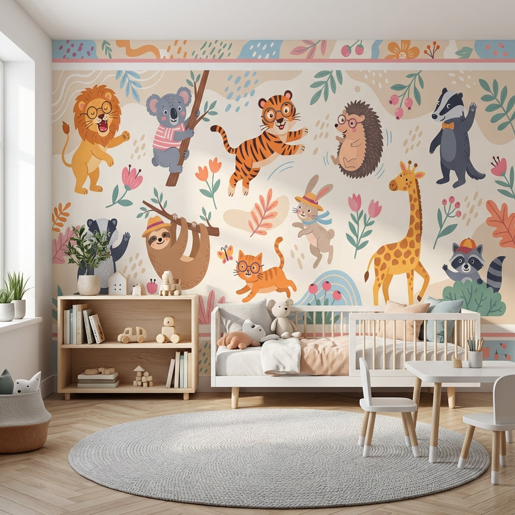 Whimsical Animals Wallpaper Cartoon Floral Wall Mural