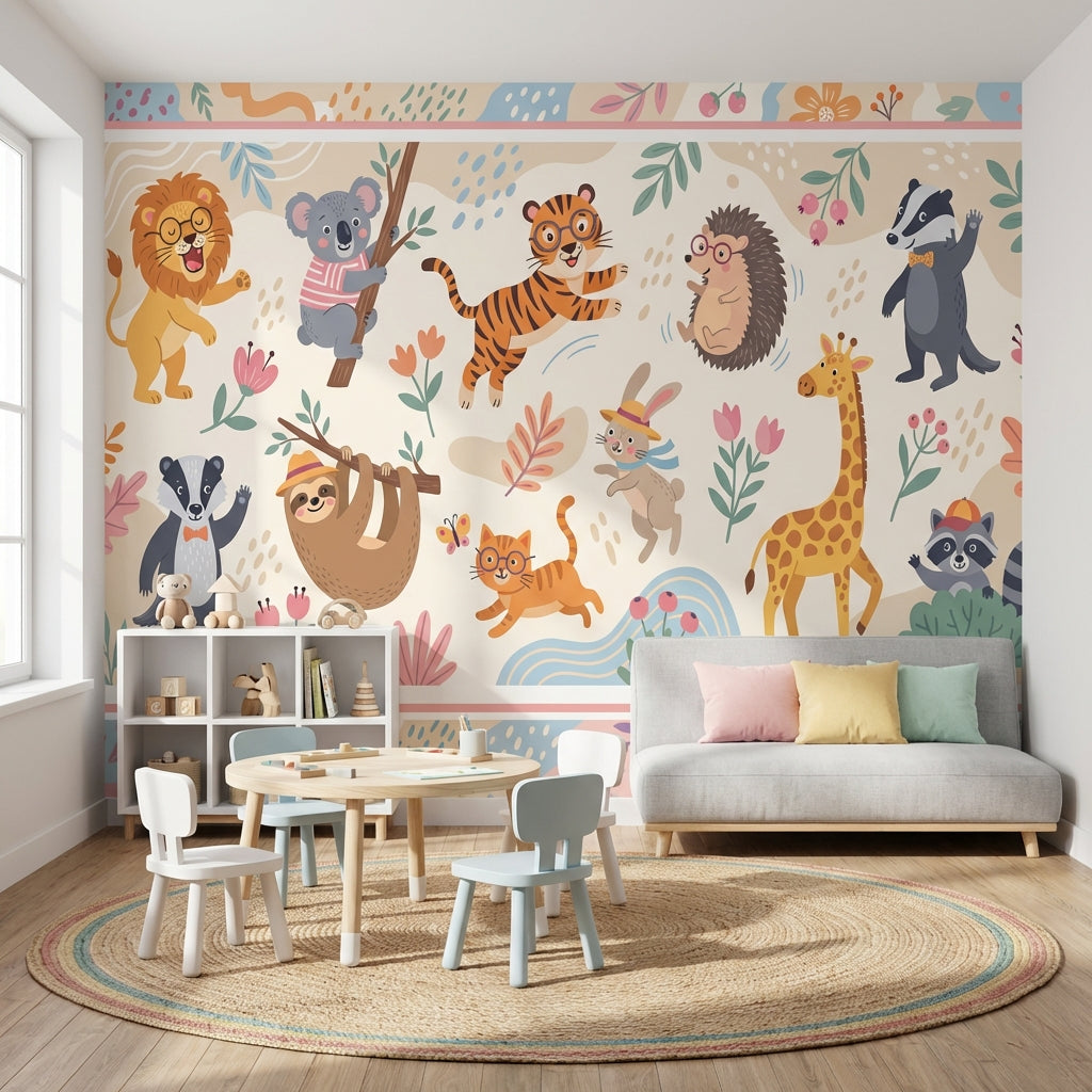 Whimsical Animals Wallpaper Cartoon Floral Wall Mural