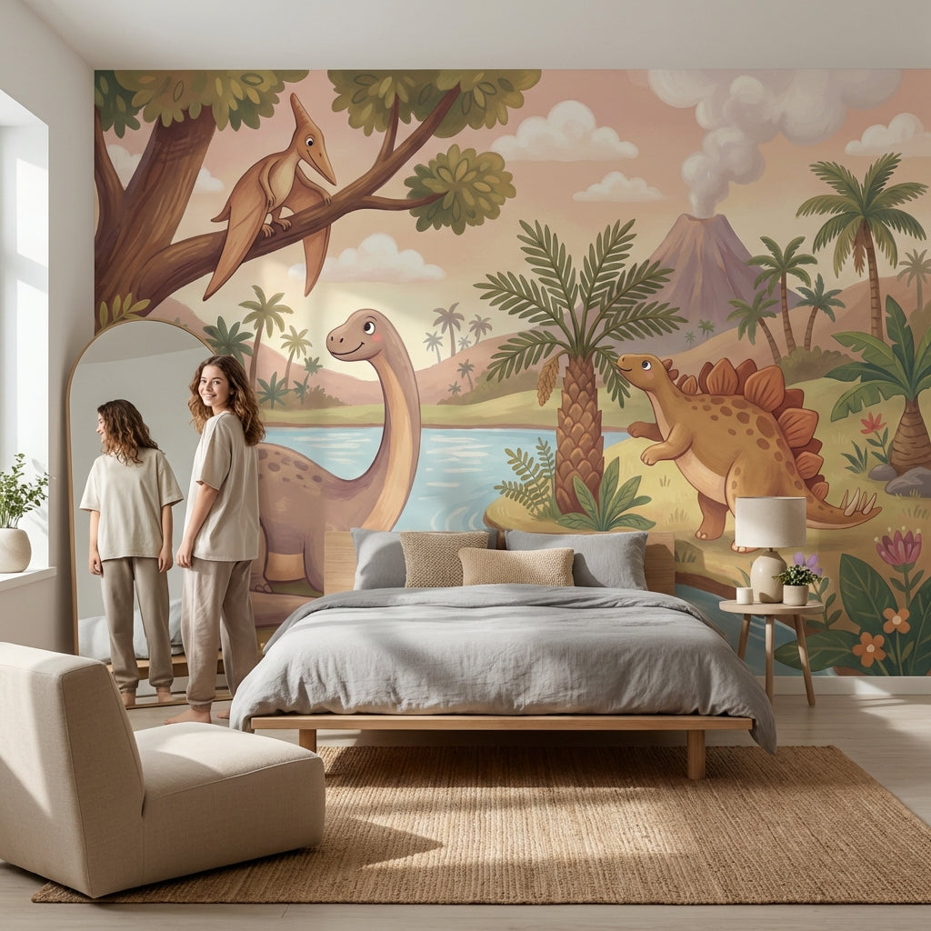 Dinosaur Landscape Wallpaper Volcano Prehistoric Wall Decor