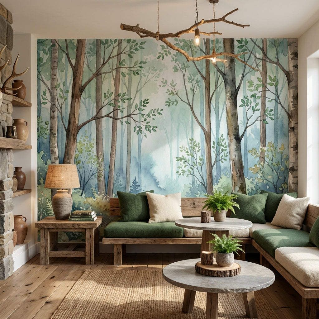 Shades Of Green Wallpaper Watercolor Trees Wall Mural