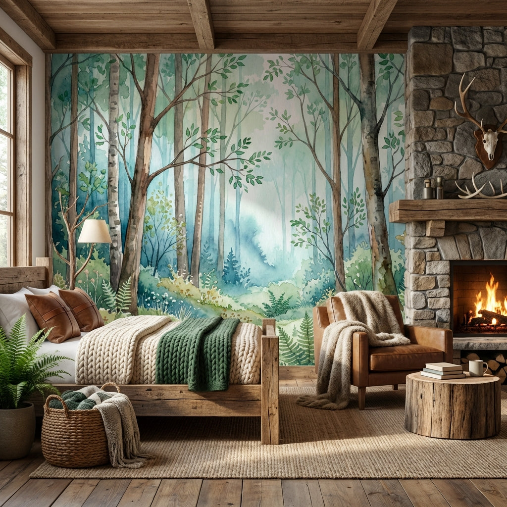 Shades Of Green Wallpaper Watercolor Trees Wall Mural – Ready-to-Ship Outlet