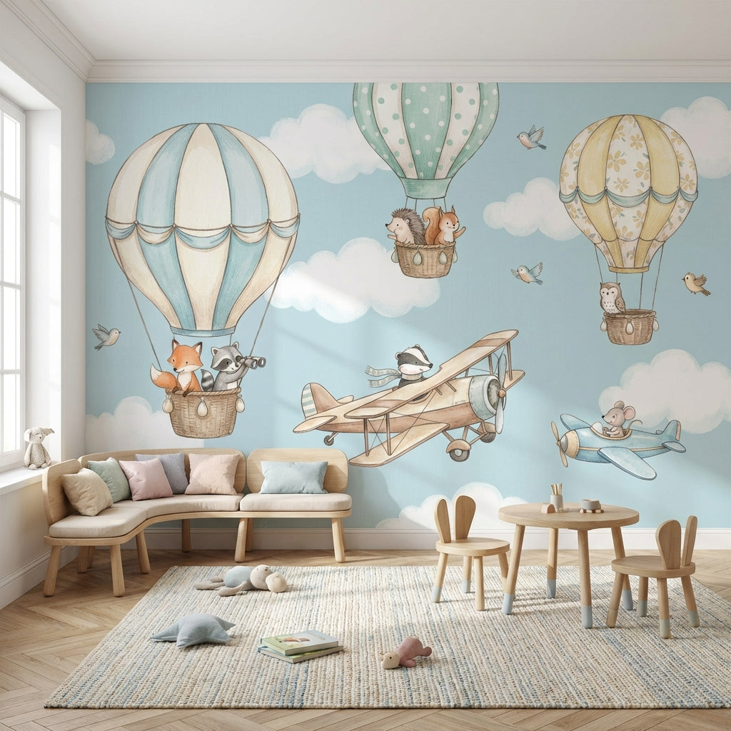 Whimsical Animals Wallpaper Hot Air Balloons Cartoonish Wall Mural