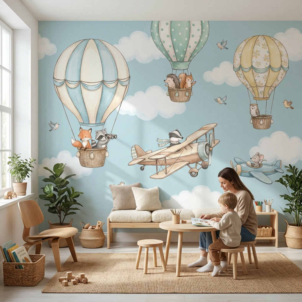 Whimsical Animals Wallpaper Hot Air Balloons Cartoonish Wall Mural