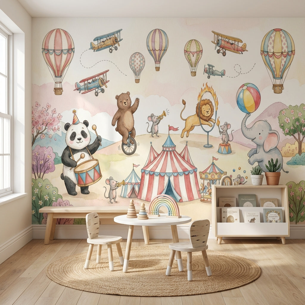 Circus Animals Wallpaper Hot Air Balloons Whimsical Wall Mural