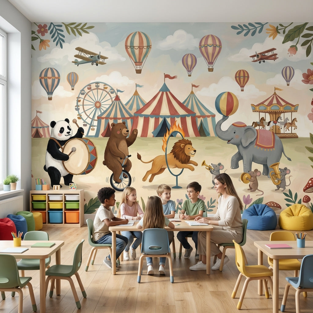 Circus Animals Wallpaper Whimsical Vintage Wall Mural