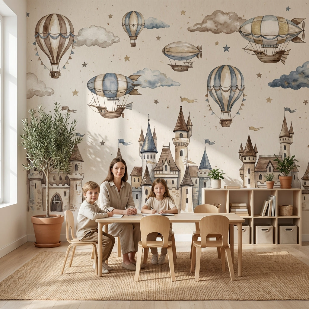 Castle Wallpaper Hot Air Balloons Fantasy Wall Mural