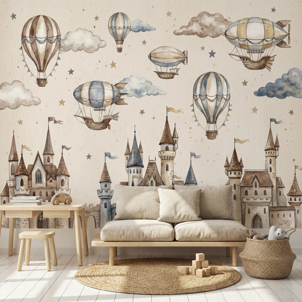 Castle Wallpaper Hot Air Balloons Fantasy Wall Mural