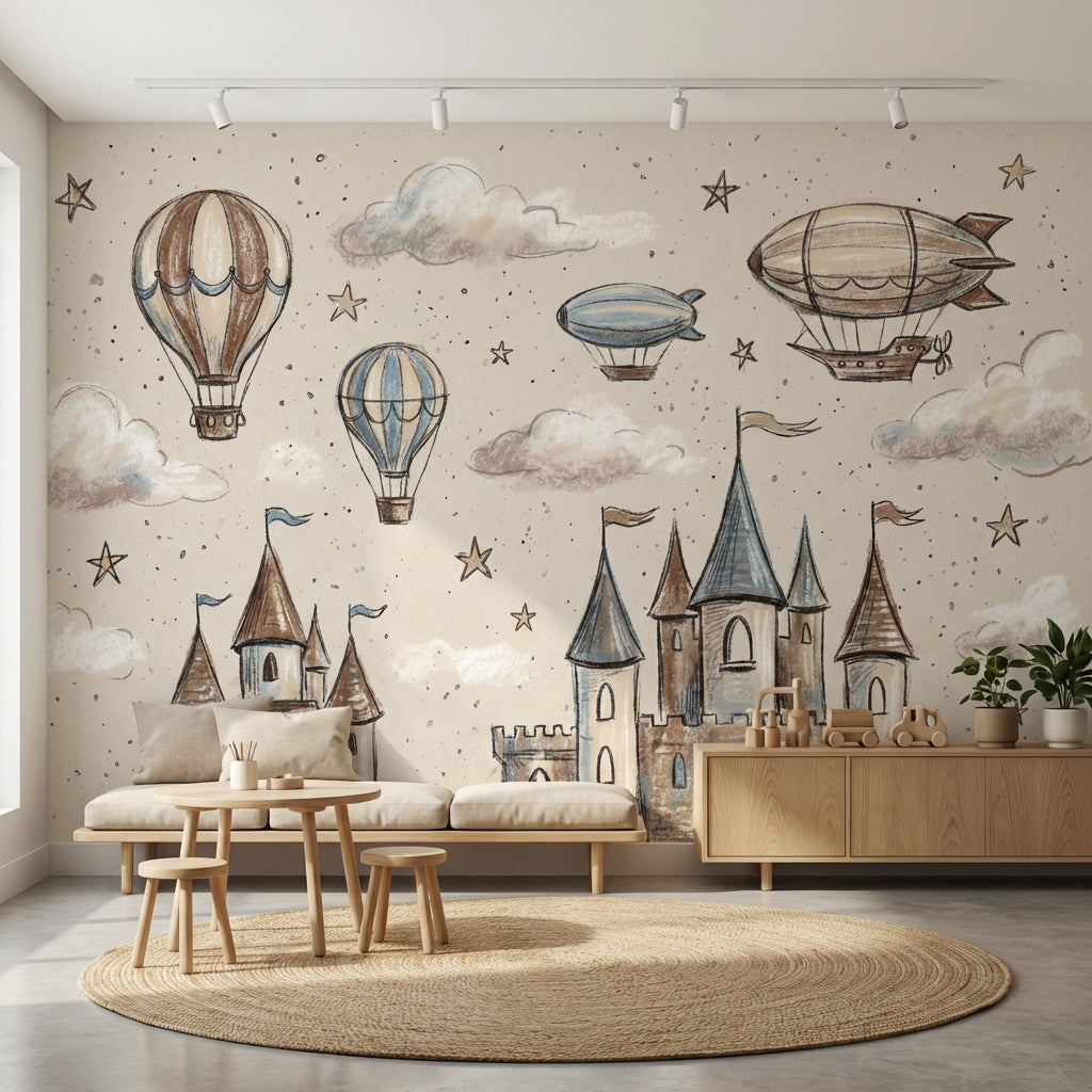 Whimsical Castle Wallpaper Sketch Stars Removable Wall Decor